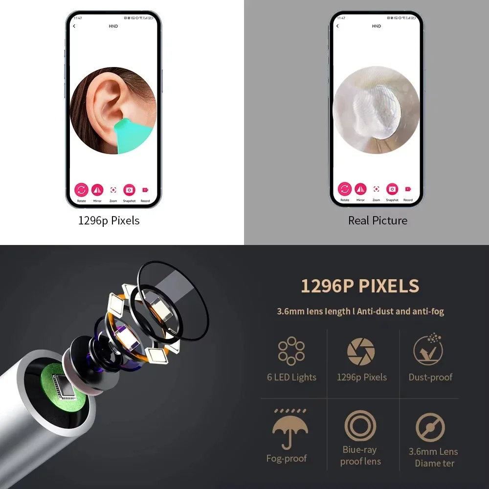 منظف الأذن البصري الذكي مع كاميرا 1296P الأذن العصي USB C شحن الأذن الشمع أداة إزالة الصواميل اتصال واي فاي 6 أضواء LED Earpick