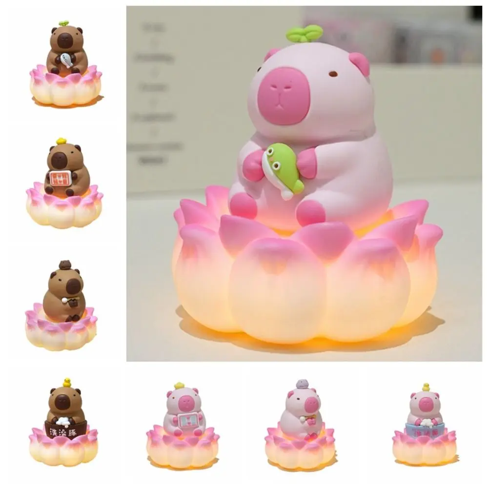 Lotus Base Capybara Figure Toys Figure Model Simulation Capibara Model with Lights Cute Capybara Animals Figures Children Toys