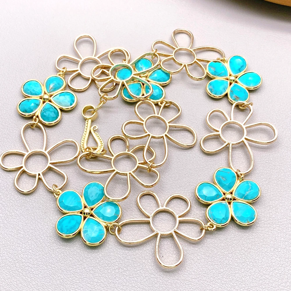 yygem 26mm faceted Blue Turquoise Flower gold plated Chain Necklaces
