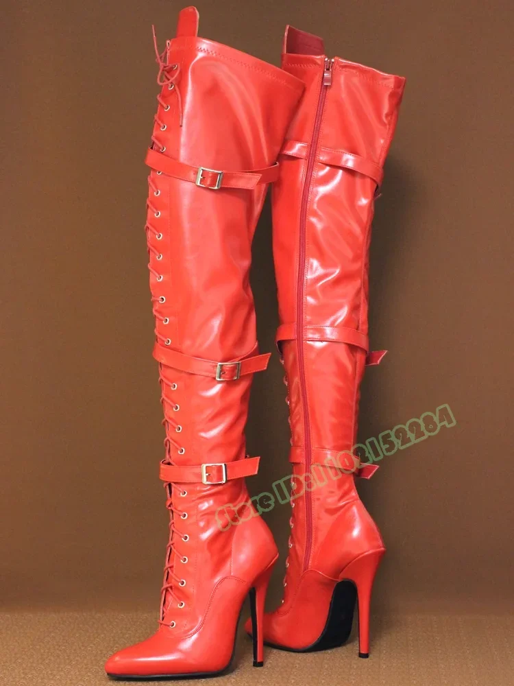 

Buckles Straps Thigh High Boots Pointy Toe Solid Shiny Leather Cross Tied Stiletto Heels Zipper Women Sexy Big Size Shoes Party