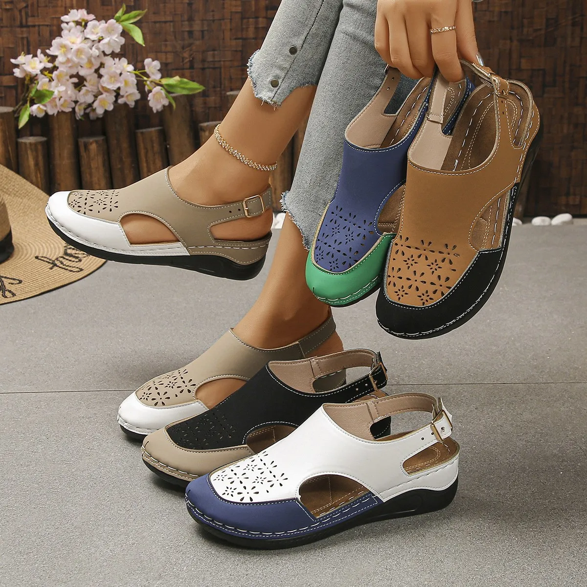 Women's Retro Roman Sandals Breathable Lightweight One-Piece Buckle Thick Sole Sloping Heel Stylish Footwear