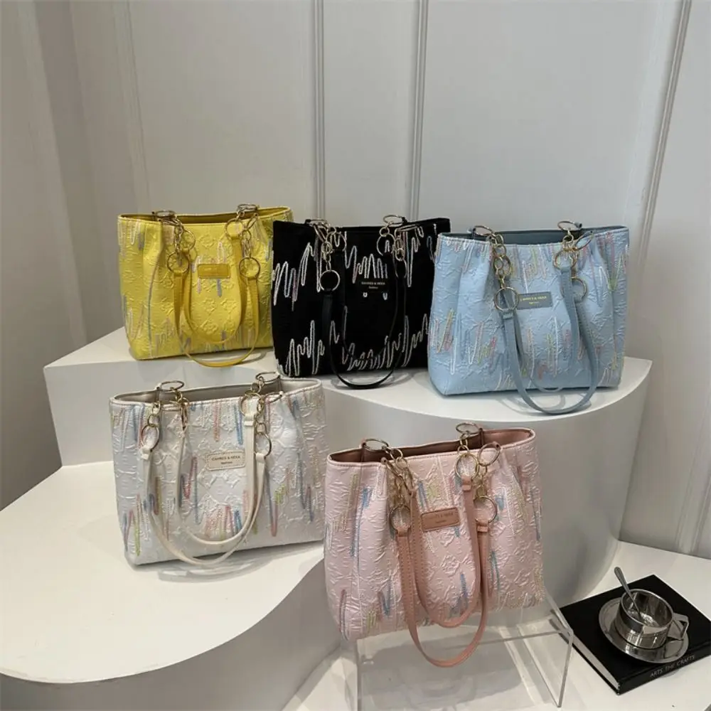 Canvas Women's Casual Tote Bag Large Capacity Multi-Functional Shoulder Bag Embroidery Thread Printing Zipper Handbag