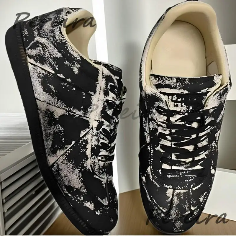 

Trendy Men Graffiti Casual Sneakers Genuine Leather Lace-Up Training Shoes Summer Comfortable Breathable Sports Shoes Large Size
