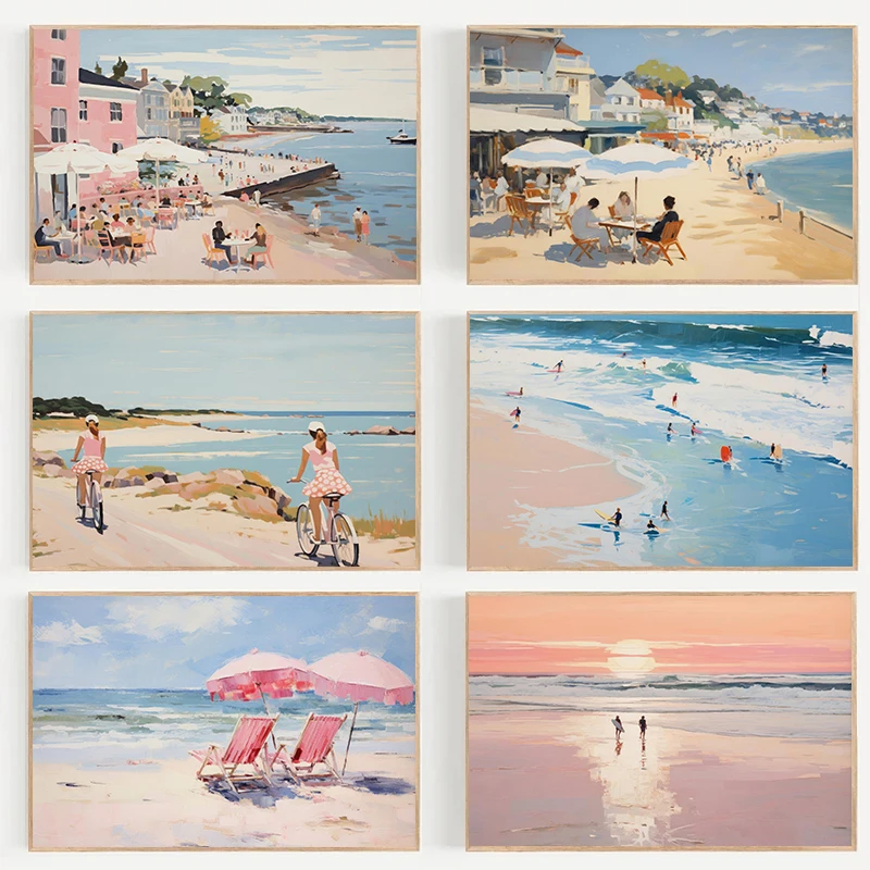 Summer Landscape Seaside Beach Bathing Atmosphere Posters Modern oil painting Canvas Painting Wall Art Pictures Home Room Decor