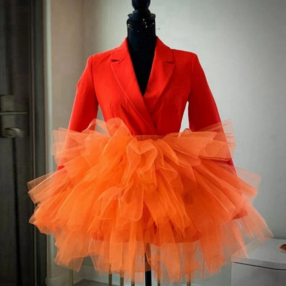 Nwe 2024 Real Image Hot Orange Mini Tulle Skirts Tiered Ruffles Short Tutu Skirt Women Elastic Custom Made Spring Tulle Skirt