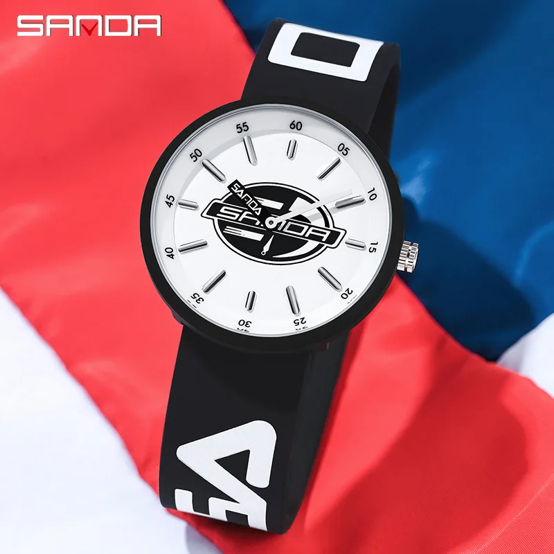 Sanda 3211 Teenager Unisex Fashion Design Waterproof Analog Display Alloy Dial Silicone Strap Quartz Movement Wrist Watch