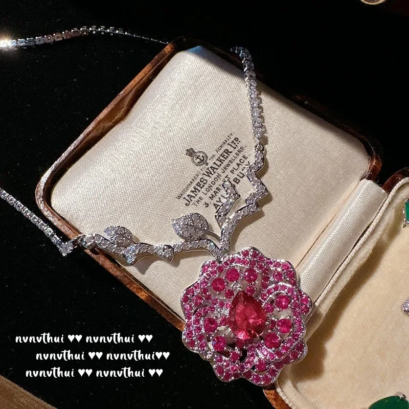 New 18K White Gold Paletd Red Cubic Zirconia Bridal Delicate Rose Flower Sparkling Crystal for Jewelry Set Women Wedding Banquet