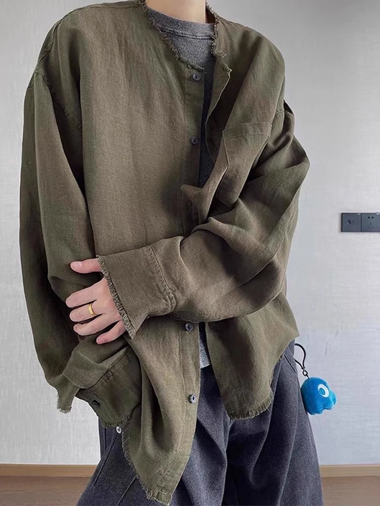 

American Retro Linen irt Men's Autumn High Lazy Sle Long Sve Casual Coat Cleanfit Loose Fit No Ironing Treaent