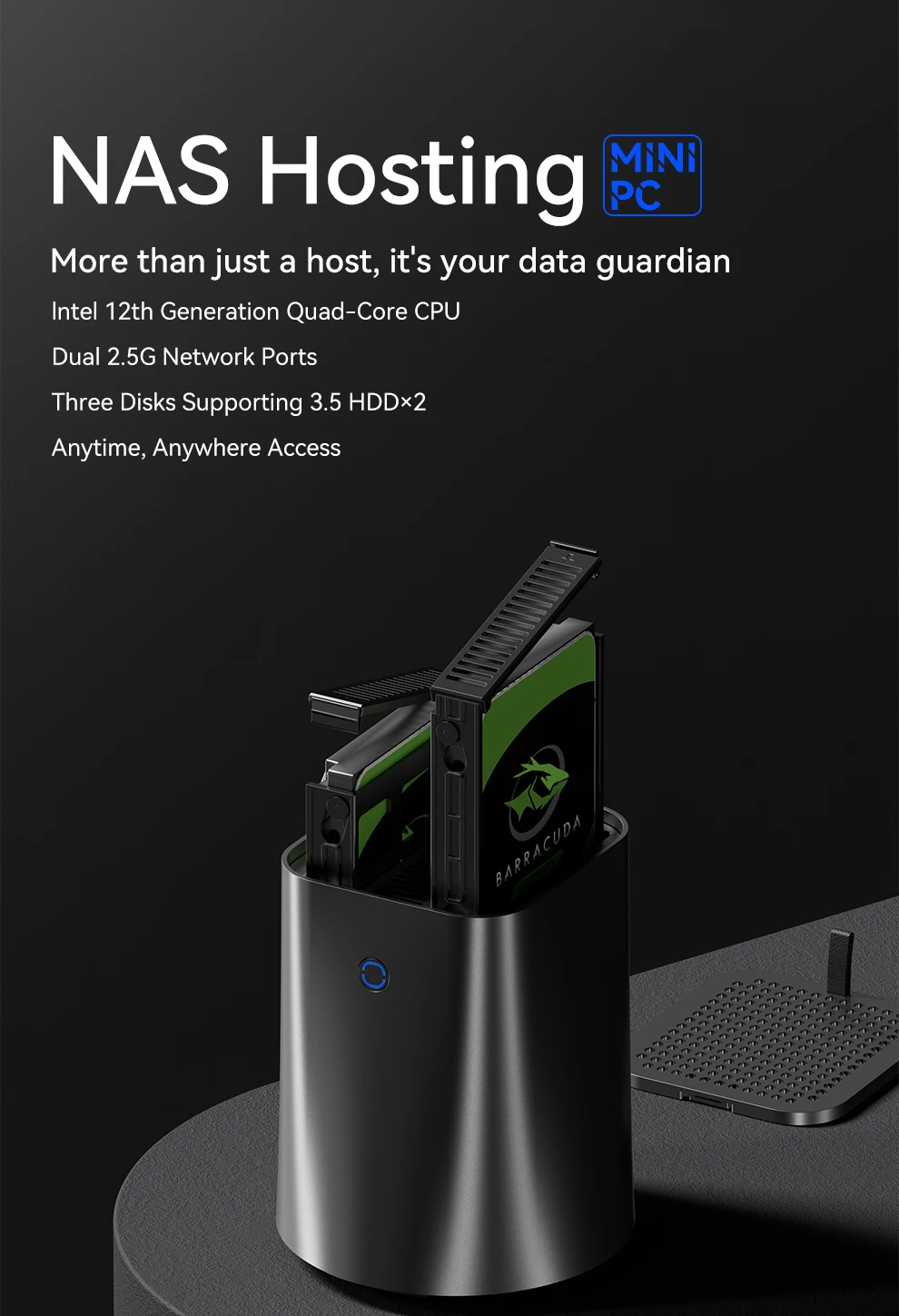 NAS Mini PC Intel N100 2LAN DDR4 M.2 NVMe SSD 2.5G Ethernet WiFi6 2x 2.5/3.5 polegadas HDD RAID Suporte FreeNas Windows 10/11