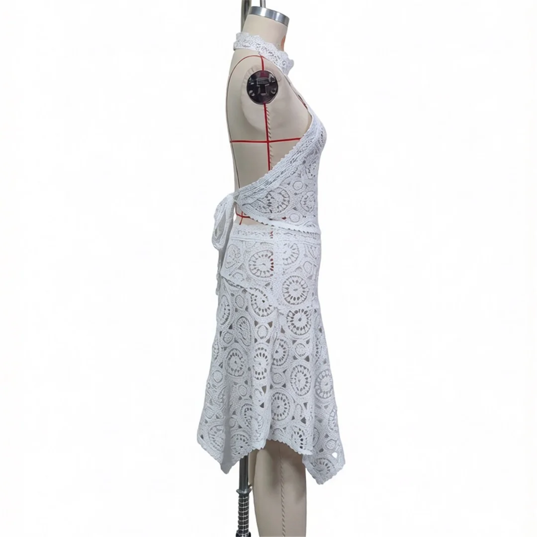 Neues, ausgestelltes, gehäkeltes, gestricktes 2-teiliges Set, Tunika, Strandkleid, Strandmode, Damen V8391 – Detail 4