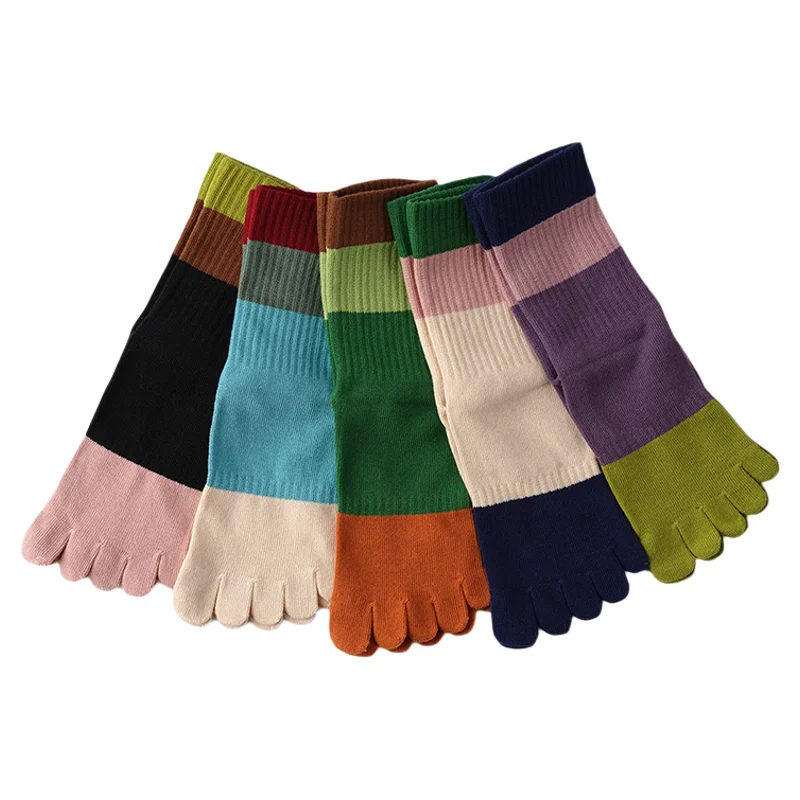 Mid-Calf Colorful Fashion Cotton Five-Toe Socks for Women, Anti-Odor Color-Blocked Toe Socks, Integrated Toe Cotton Socks