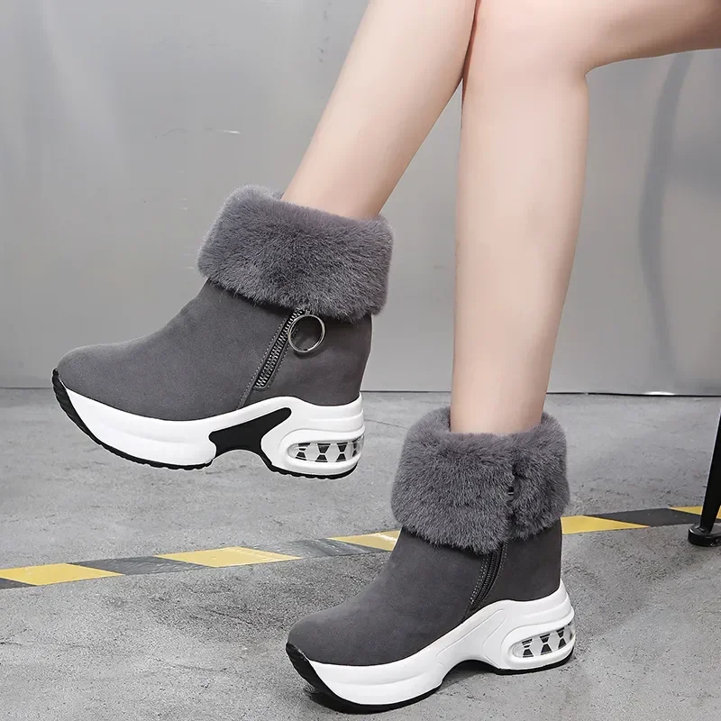 Women's Shoes 2023 High Quality Zipper Women's Boots Winter Round Toe Solid Flock Plush Warm High Heels Water Proof Shoes Women