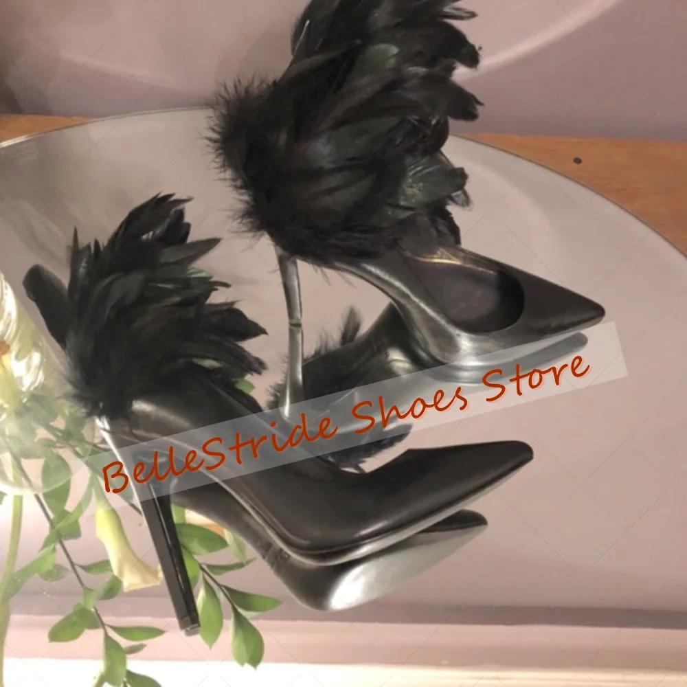 

Black Pointed Toe Feather Decor Pumps Matte Leather Women Shoes Thin High Heels Party Banquet Dating 2025 Zapatos Para Mujere