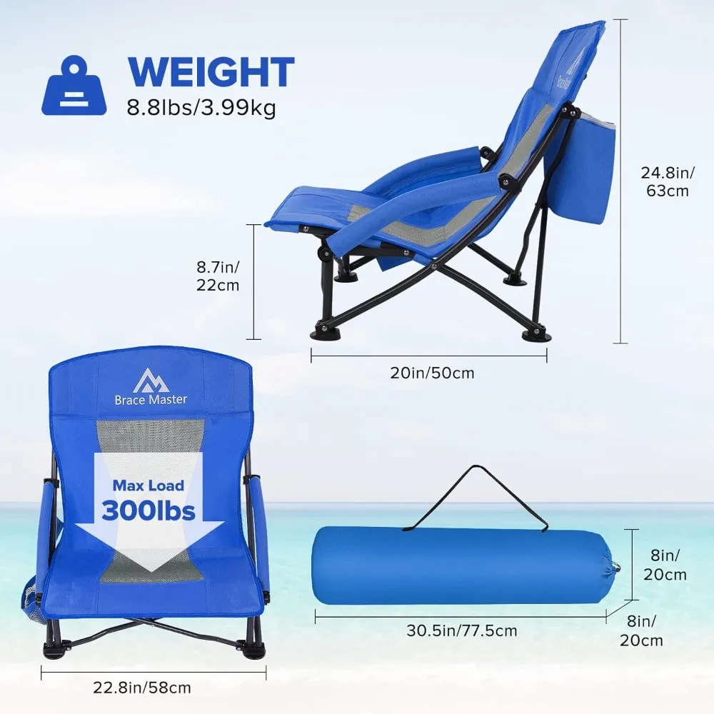 Brace Master Beach Chair Camping Chair,Low Back Sand Chairs,Foldable Mesh Back Design with Cup Holder & Cooler & Phone Bag