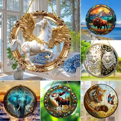 Animals Elephant Tiger Horse Suncatcher, Art Stained Window Translucent Hanging,Animals Lover Gift, Acrylic Round Garland Sign