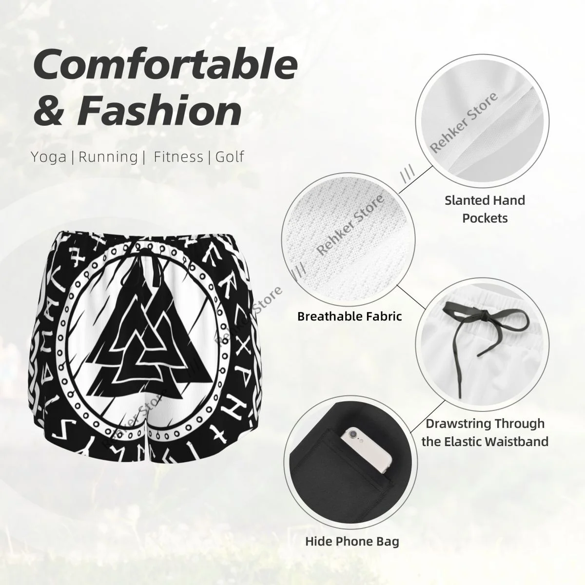 กางเกงกีฬาขาสั้นสตรีสแกนดิเนเวียนไวกิ้งเซลติกวิ่งโยคะฟิตเนสการฝึกแบดมินตันแห้งเร็วพร้อมกระเป๋า