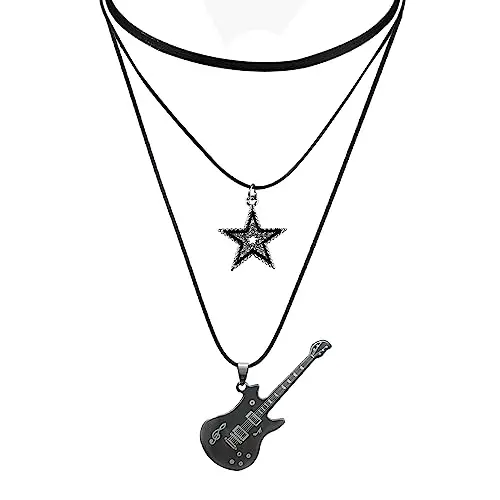 Layered Star Guitar Necklace for Men Women Black Punk Rock Roll Choker Necklace for Men