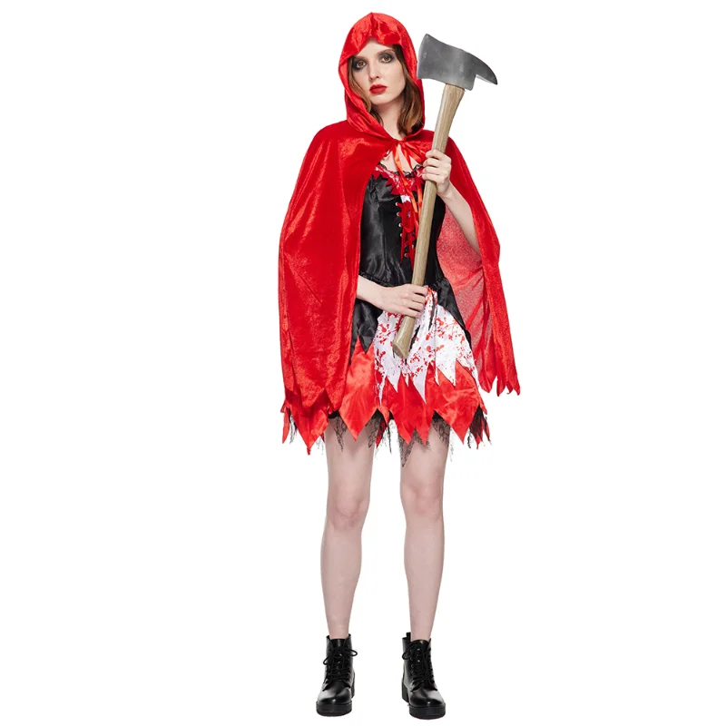 Women Bloody Little Red Riding Hood Costume Halloween Party Dress with Cape Carnival Easter Purim Fancy Dress