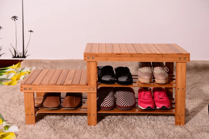 90cm Strip Pattern Tiers Bamboo Stool Shoe Rack for Kids Wood Color