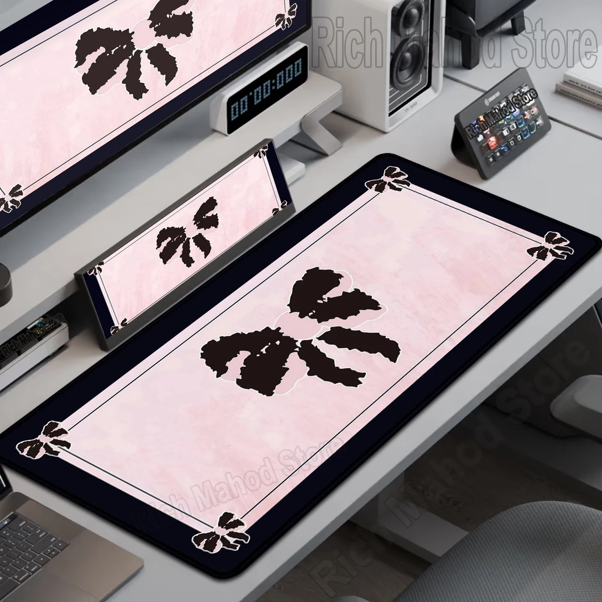 

Pink Bow Art Design Large Mouse Pad Non-Slip Stitched Edge Computer Keyboard Desk Mat Desk Accessories Office Extended Tablepad