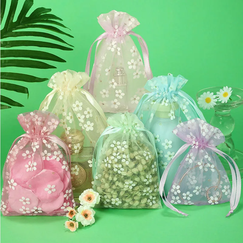 

100pcs/lot 2026 Spring Flower Organza Bag Drawstring Gift Pouches 9*12, 10*15, 13*18cm Jewelry Wedding Party Packaging Bags