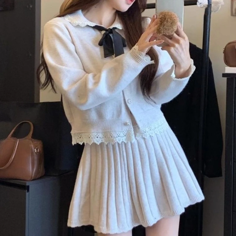 

Matakawa Short Sweaters Skirts Set Knitted Fall Winter Bows Korean Fashion Two Pieces Sets Women Outfits Bow Conjuntos Feminino