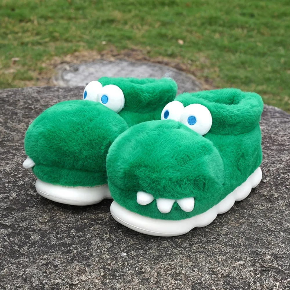 Morbide pantofole in peluche di dinosauro coccodrillo Pantofole piatte con piattaforma antiscivolo verde Cartone animato carino addensare pantofole calde invernali