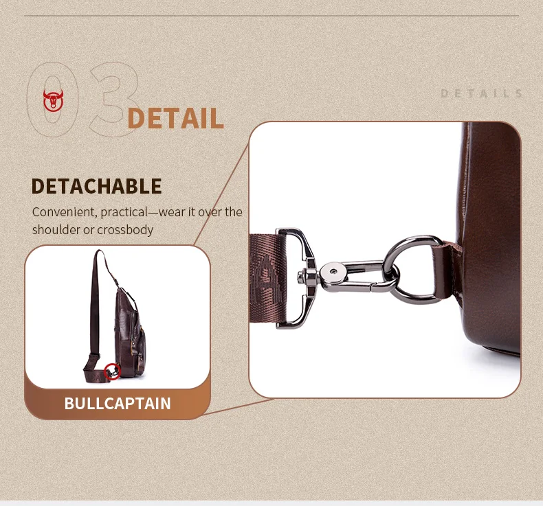 BULLCAPTAIN Tasche Echtes Leder Brusttasche Herrenmode Stil Casual Straddle Bag Business Große Kapazität Leder Herrengepäck – Detail 11