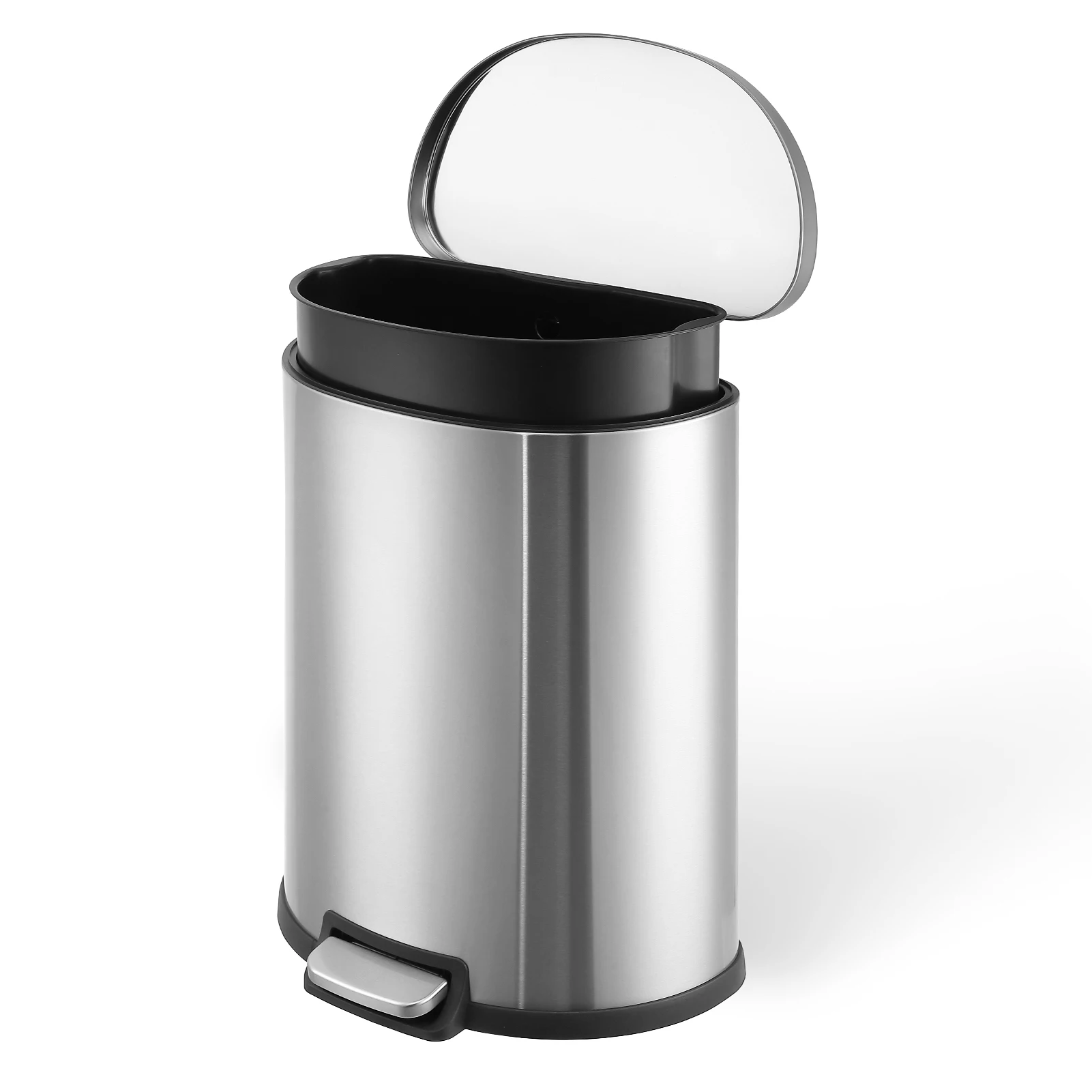 

Stainless Steel Trash Can - 50 Liter/13 Gallon, Hands-Free, with Lid and Inner Buckets, Semi-Circular, Silver