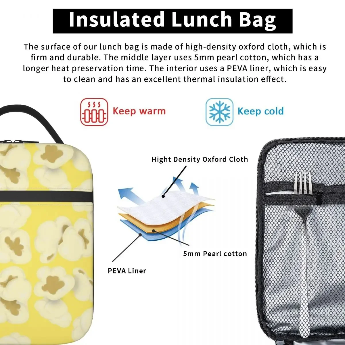 Sac à lunch isotherme réutilisable pour le bureau, bento isotherme, pop-corn au beurre, boîtes de rangement pour aliments, glacière thermique, Merch