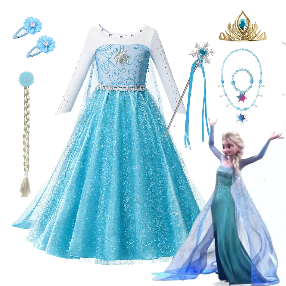 Disney Elsa Princess Dress for Girls Cosplay Costume Halloween Costume Role-Play Carnival Birthday Party Children Clothing 4-10T