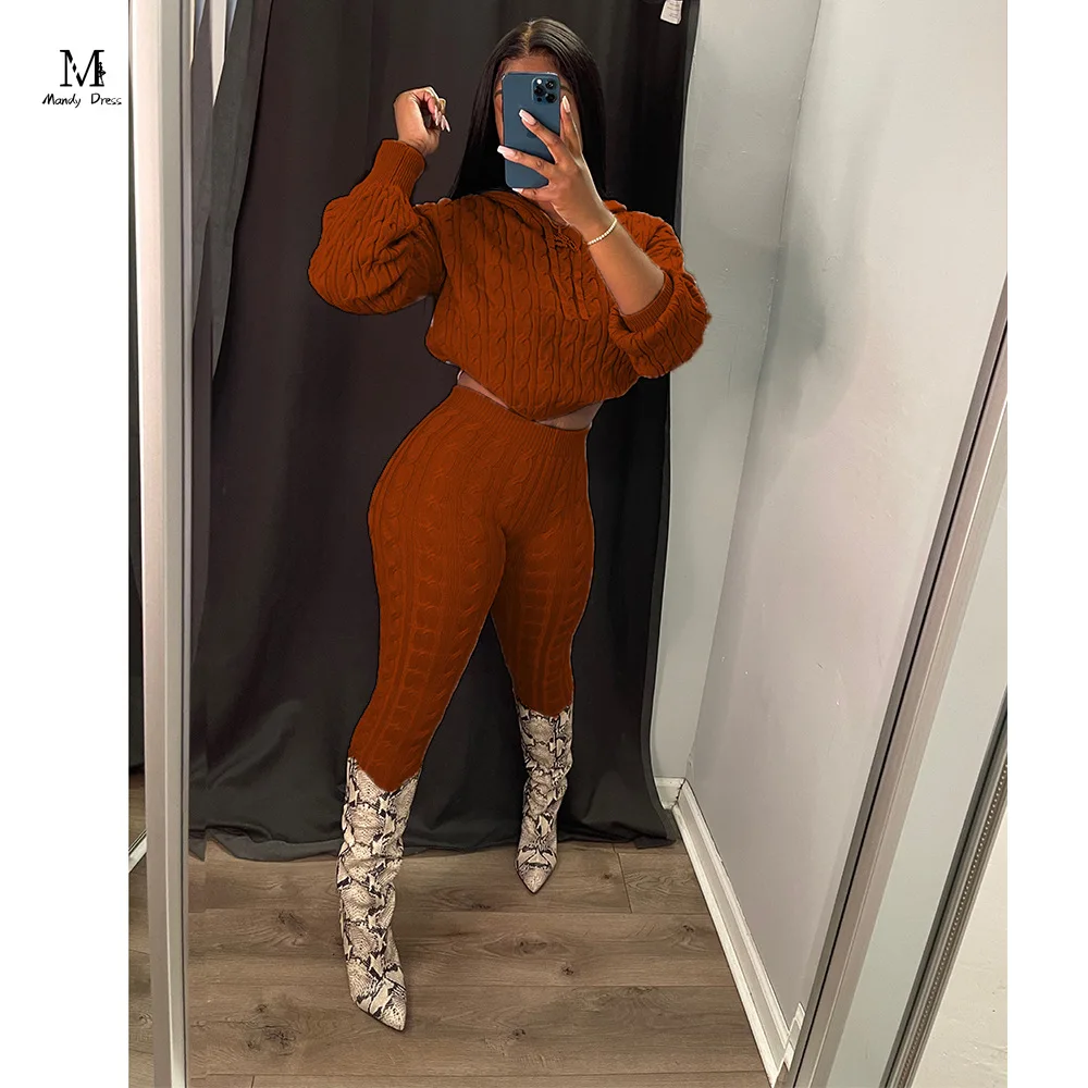 Fall Winter Women Knit Sweater Matching Sets Skinny Hoodies and Pants Clothing Casual Loungewear 2 Two Piece Outfits