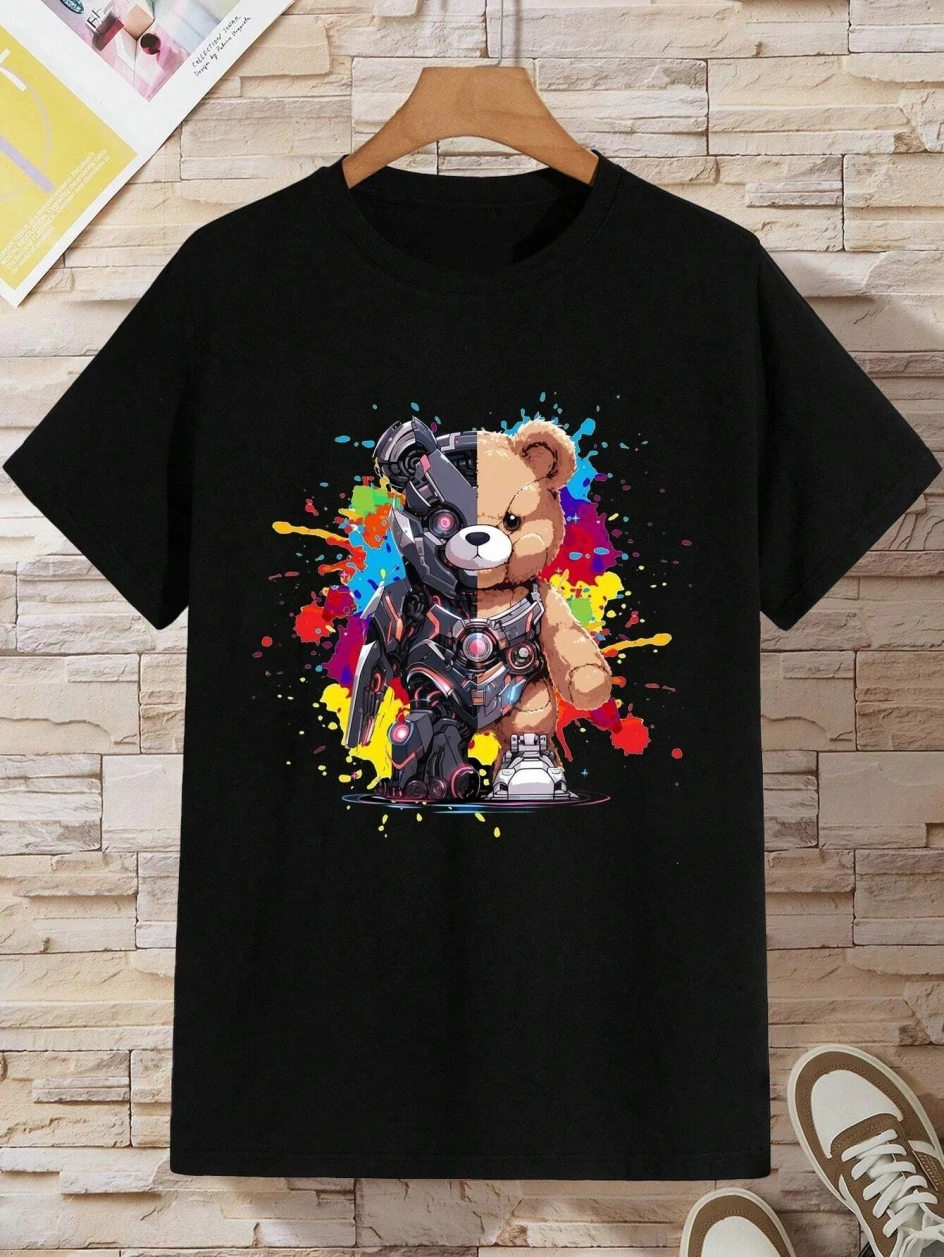 Mech Warrior Bear Printing Women T-Shirt Creativity Casual Tee Shirts Street Hip Hop Short Sleeve Basic All-Match Tide Tshirts