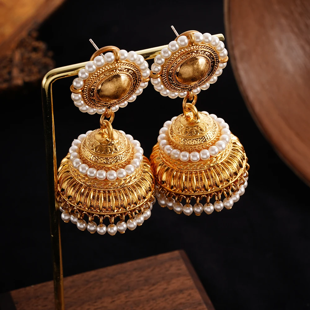 

Vintage Waterdrop Inlaid Pearl Indian Tassels Earrings for Women Ethnic Boho Small Bell Wedding Jewelry