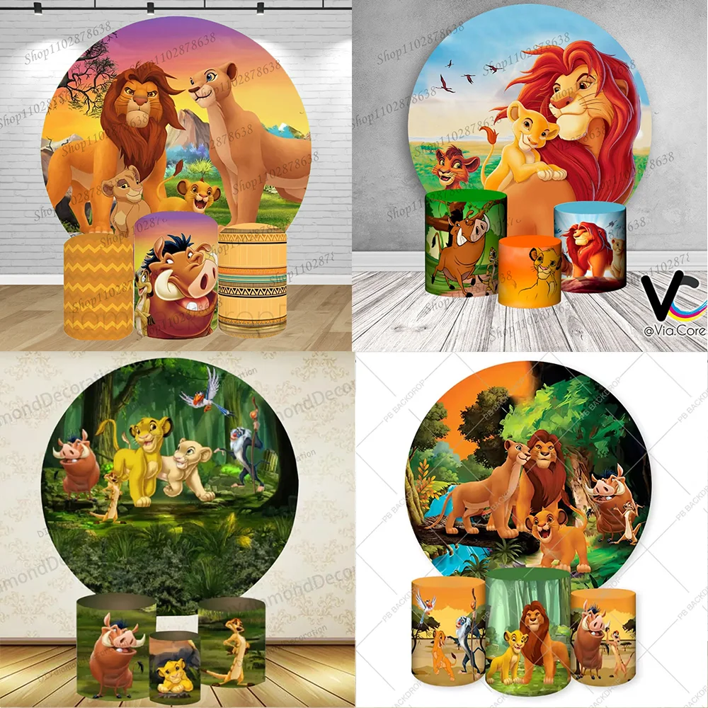 Fondo de fotos cilíndrico de El Rey León para cumpleaños y baby shower, con diseño de Timon, Rafiki, Pumbaa y Simba
