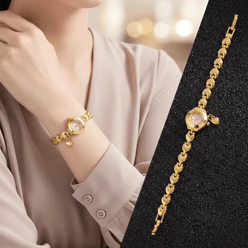 

Роскошные женские часы, модный золотой браслет с сердечками, кварцевые наручные часы для женщин, элегантные женские часы с маленьким циферблатом, подарок