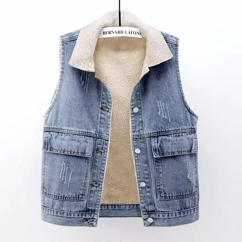 Autumn Lamb Wool Liner Plush Thick Cowboy Vest Winter Plus Velvet Warm Women Denim Waistcoat Female Gilet Sleeveless Vest Jacket