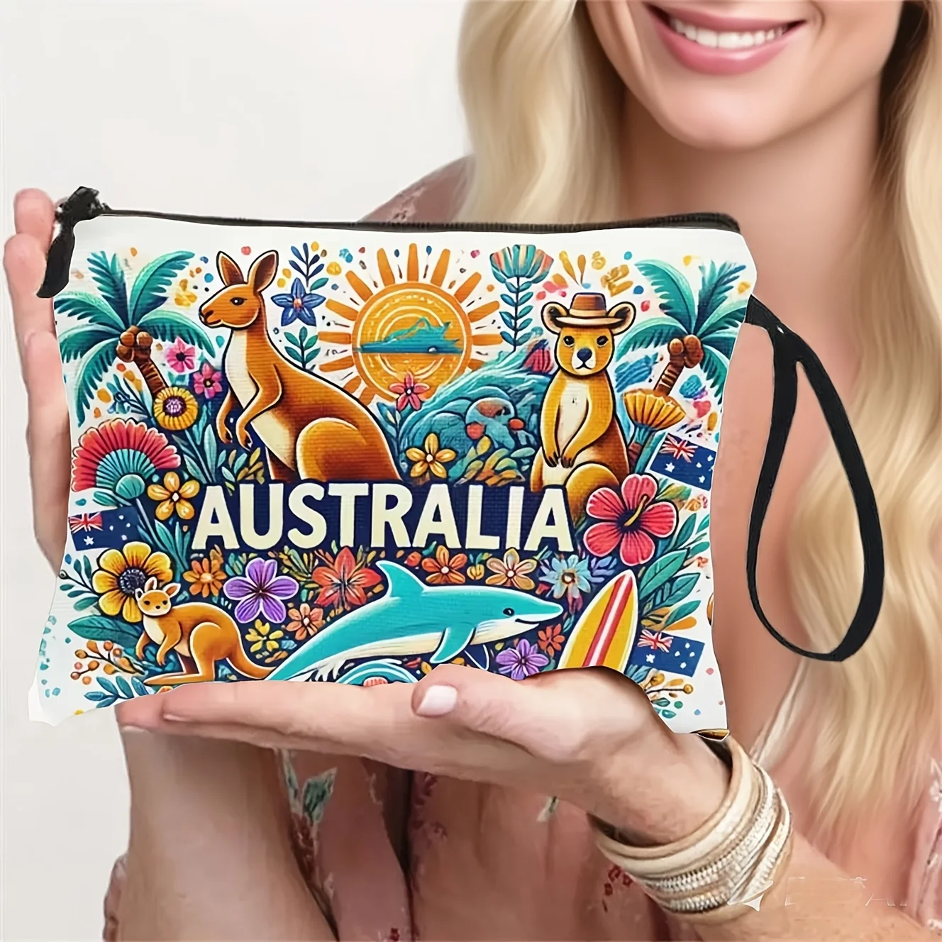 Australia-Themed Travel Toiletry Bag with Kangaroo SharkPlants PaintingsLightweight Suitable for Trips To Australia for Women