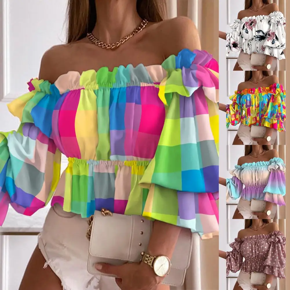 Elegant Sexy Shirt Light Off Shoulder Summer Ruffles Top Flounce Colorful Top for Stage Show