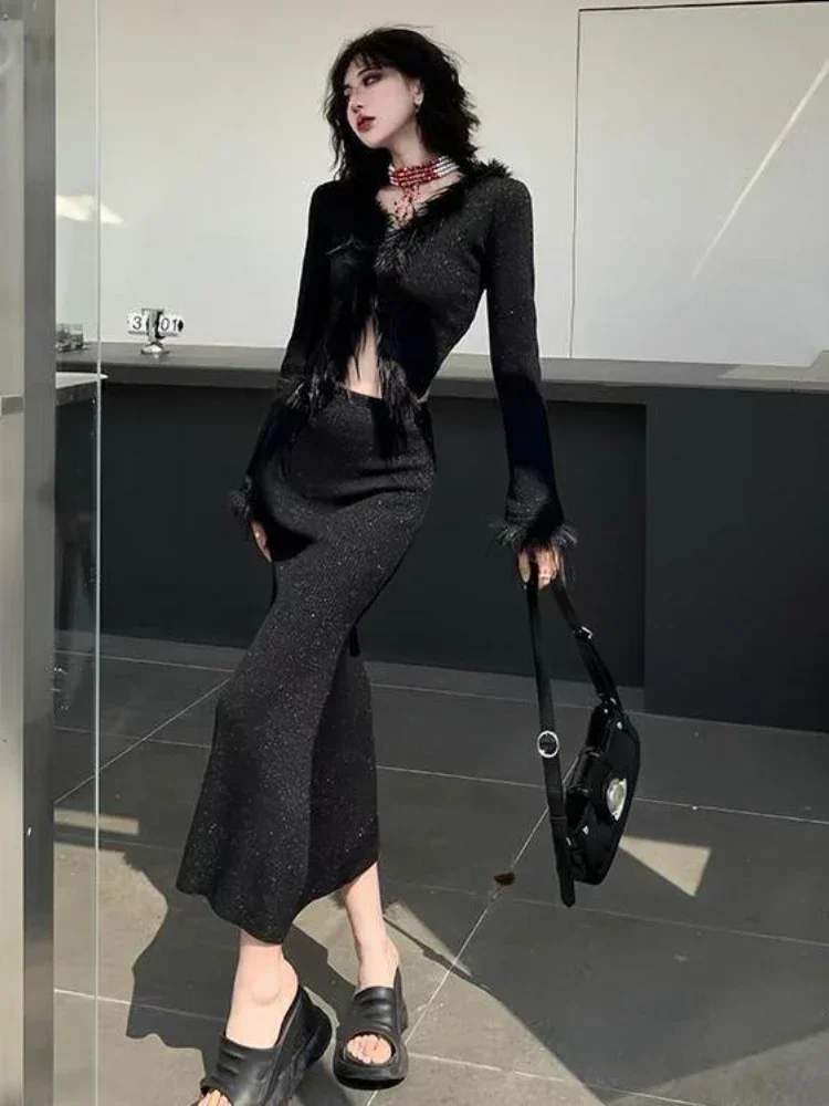 Y2K Grunge Black Cropped Cardigan Women Korean Elegant Fur Knitted Sweater Luxury V-neck Slim Fit Tops Harajuku Vintage