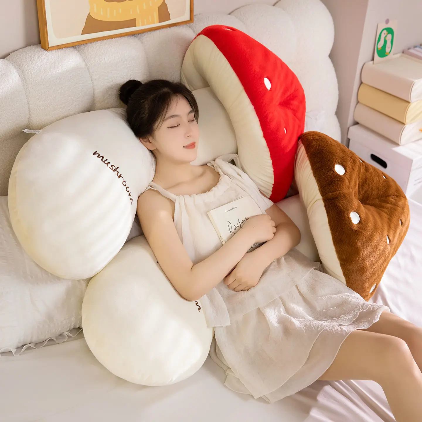 Cute Cartoon Mushroom Plush Toy Pillow Stuffed Long Strip Mushroom Throw Pillow Cushion Leg Clamp Washable Sleeping Companion