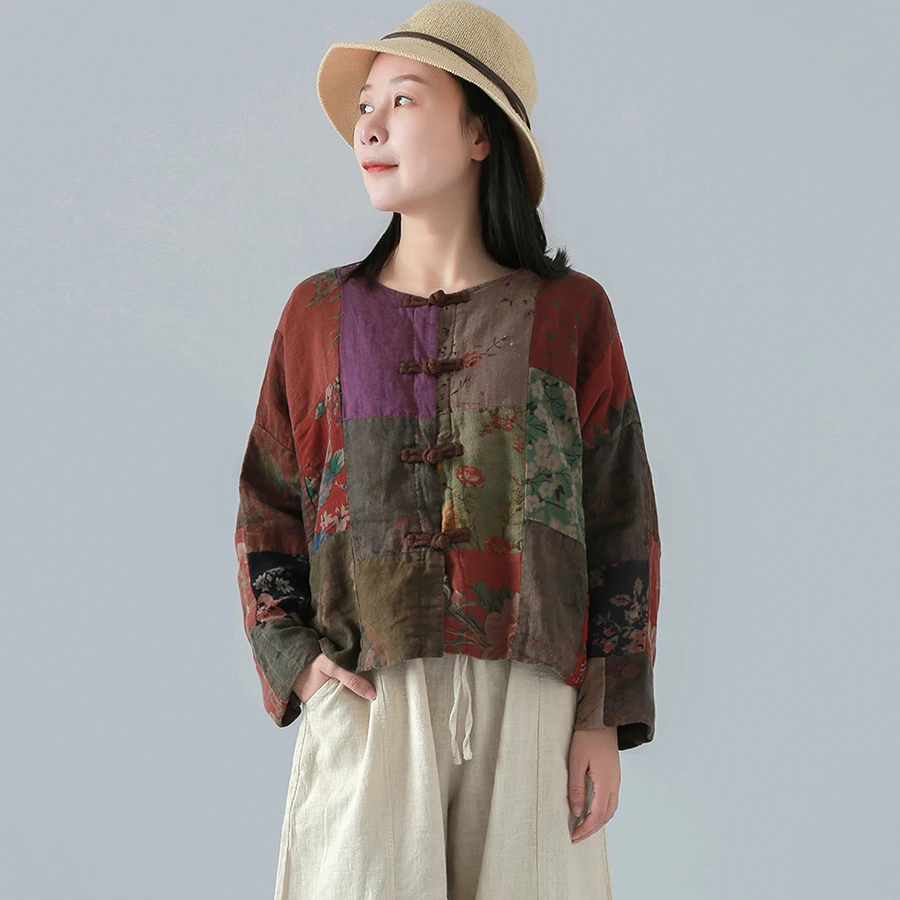

LZJN Floral Print Ethnic Style Blouse, Spring New Chinese Style Double Layer Cotton Print Drop Shoulder Sleeve Shirt