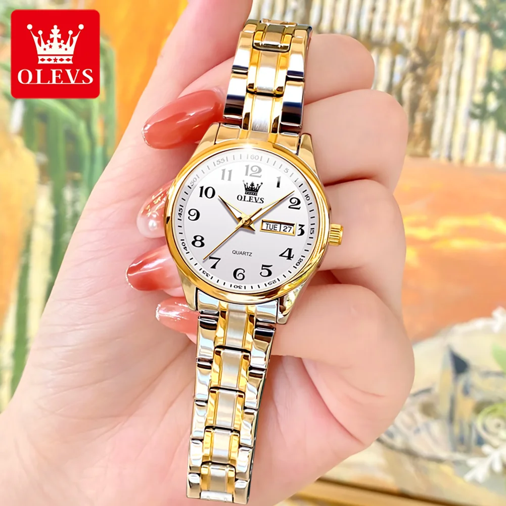 OLEVS 5563 Classic Quartz Watch for Women Set Elegant Dress Luminous Waterproof Week Date Clock Stainless Steel Wristwatch Gift