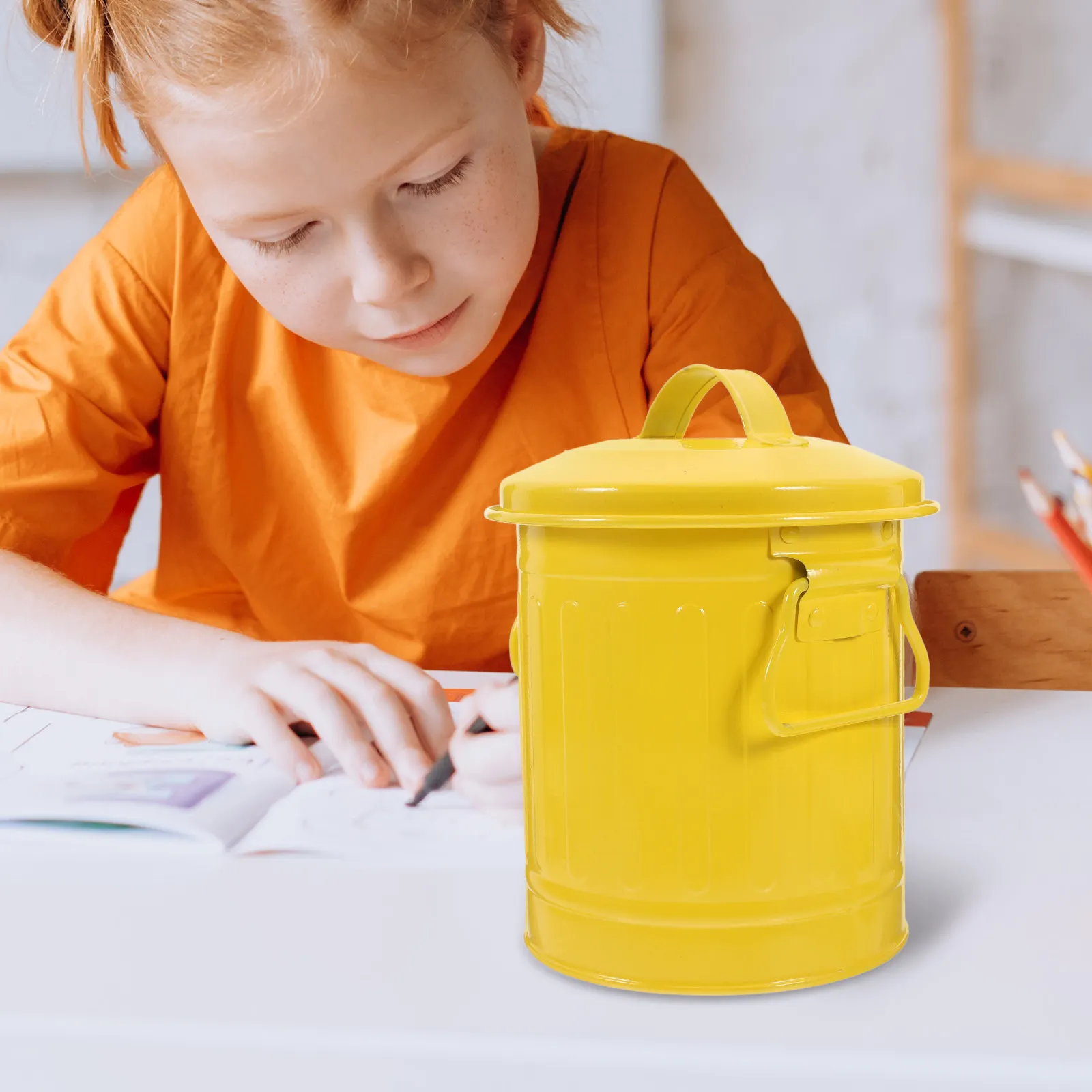 Metal Trash Can Pencil Bins with Lids Kitchen Waste Basket Garbage Office Holder Desk Dorm Desktop Pretty Holds