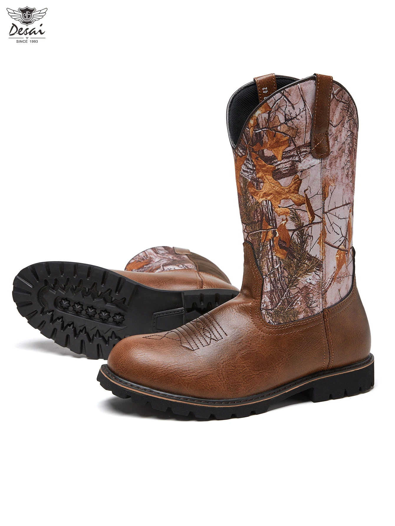 Desai Men's 2026 Autumn Winter Camo Print Western Boots Pull-on PU Leather Non-slip Thick Sole High-top Boots For Outdoor