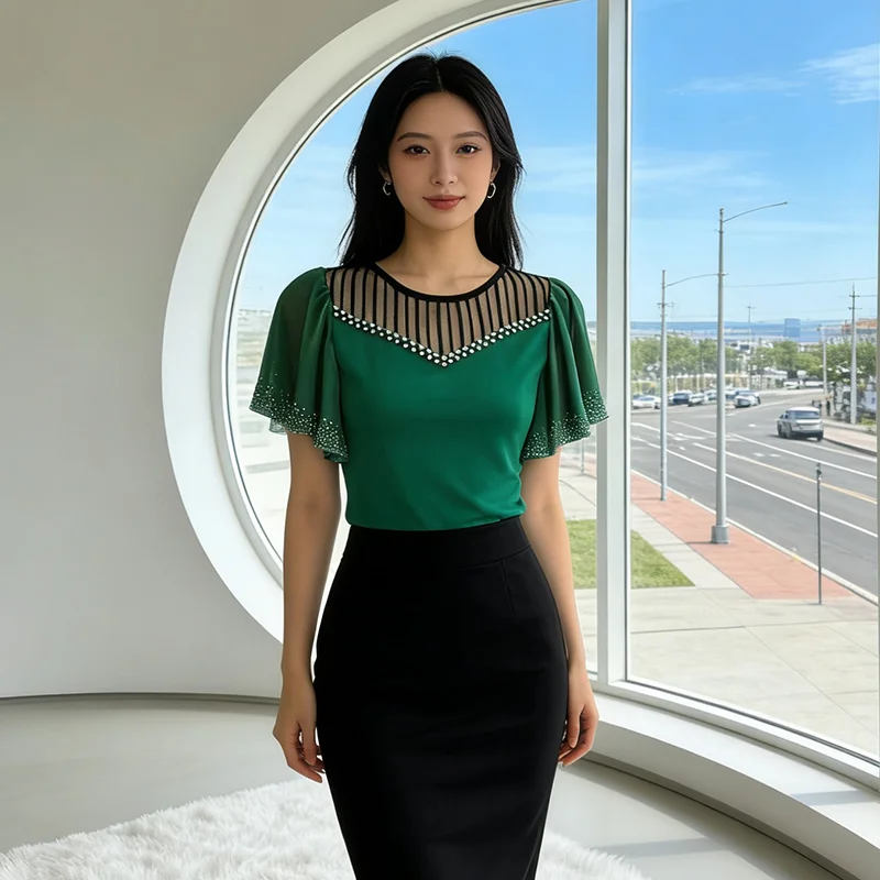 Summer Women's Fashion T-Shirt Rhinestone Embellished Bell Sleeve Patchwork Slimming Top Elegant Style round Neckline Casual ...