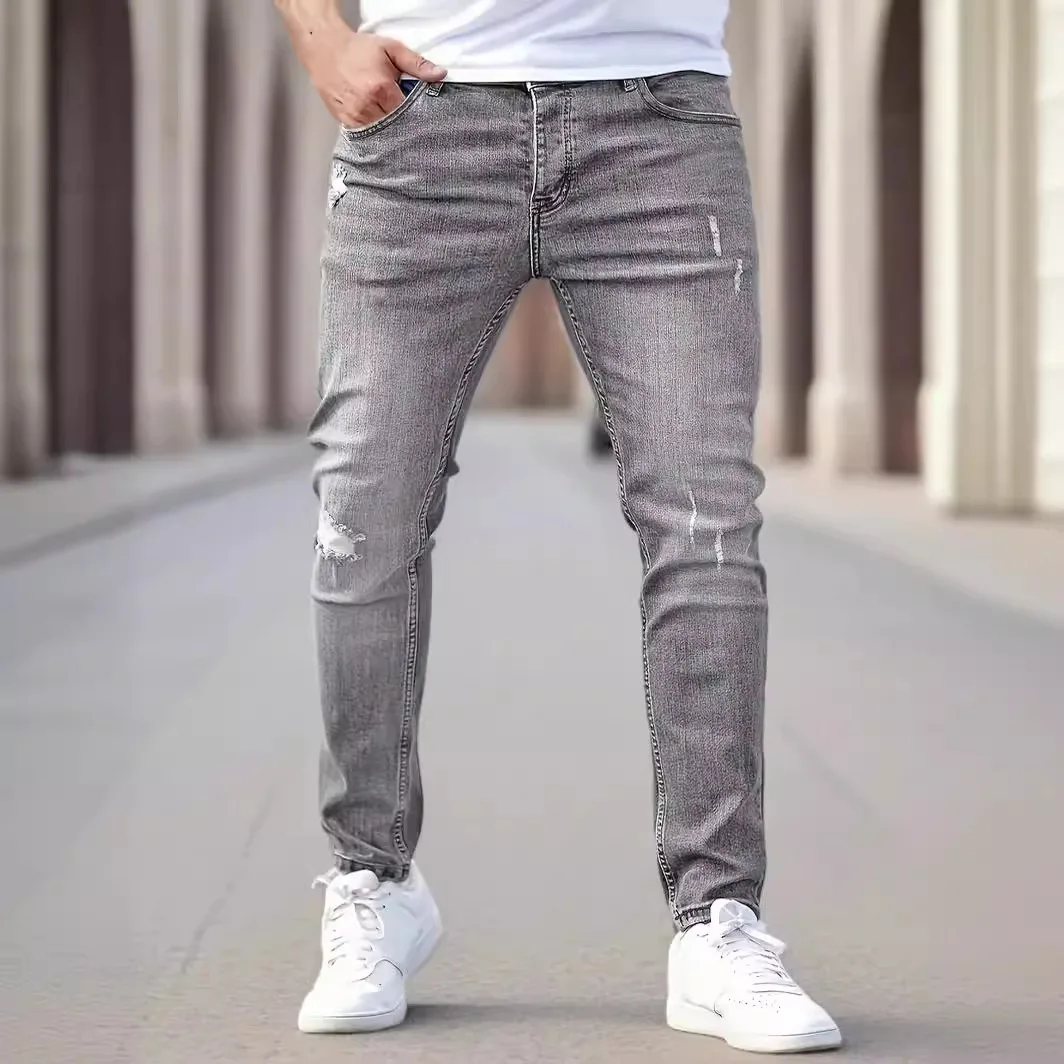 Men's Slim Fit Stretch Denim Trousers Spring Casual Fashion Jeans Comfortable Washed Full-Length Classic Style for Autumn