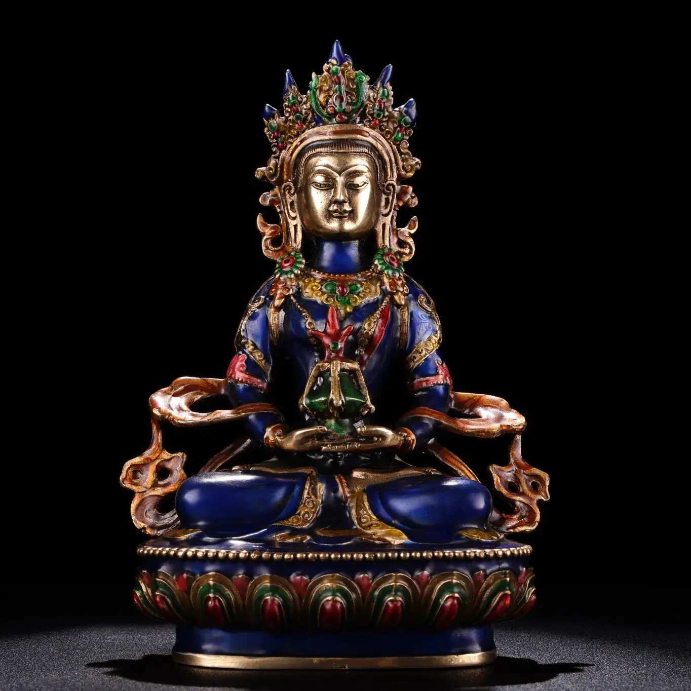 Tibetan Pure Copper Cloisonné Amitayus Long Life Buddha Statue Enamel Painted Home Decor Gift