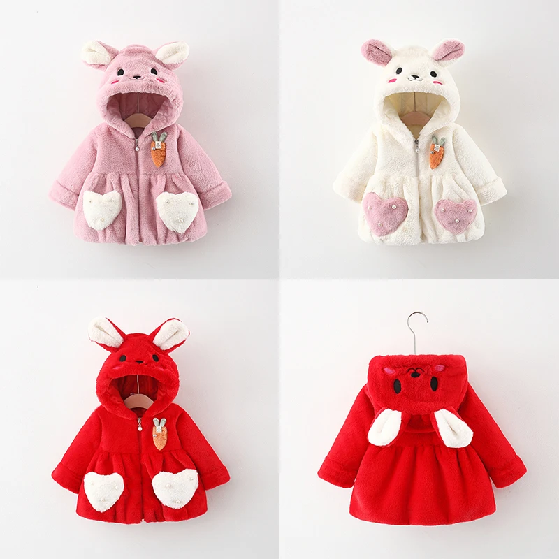 Winter New Girls' Plush Coat Newborn Girls' Warm Thickened Plush Jacket Hooded Top Cotton Coat （9 Months - 3 Years Old）