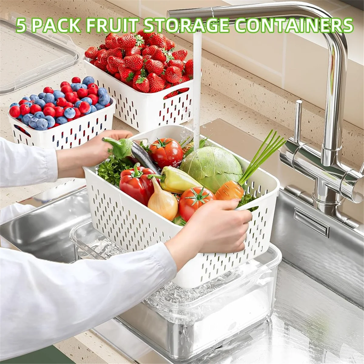 

Highly Recommended.5x Fruit Storage Containers for Fridge with Removable Colanders Lids